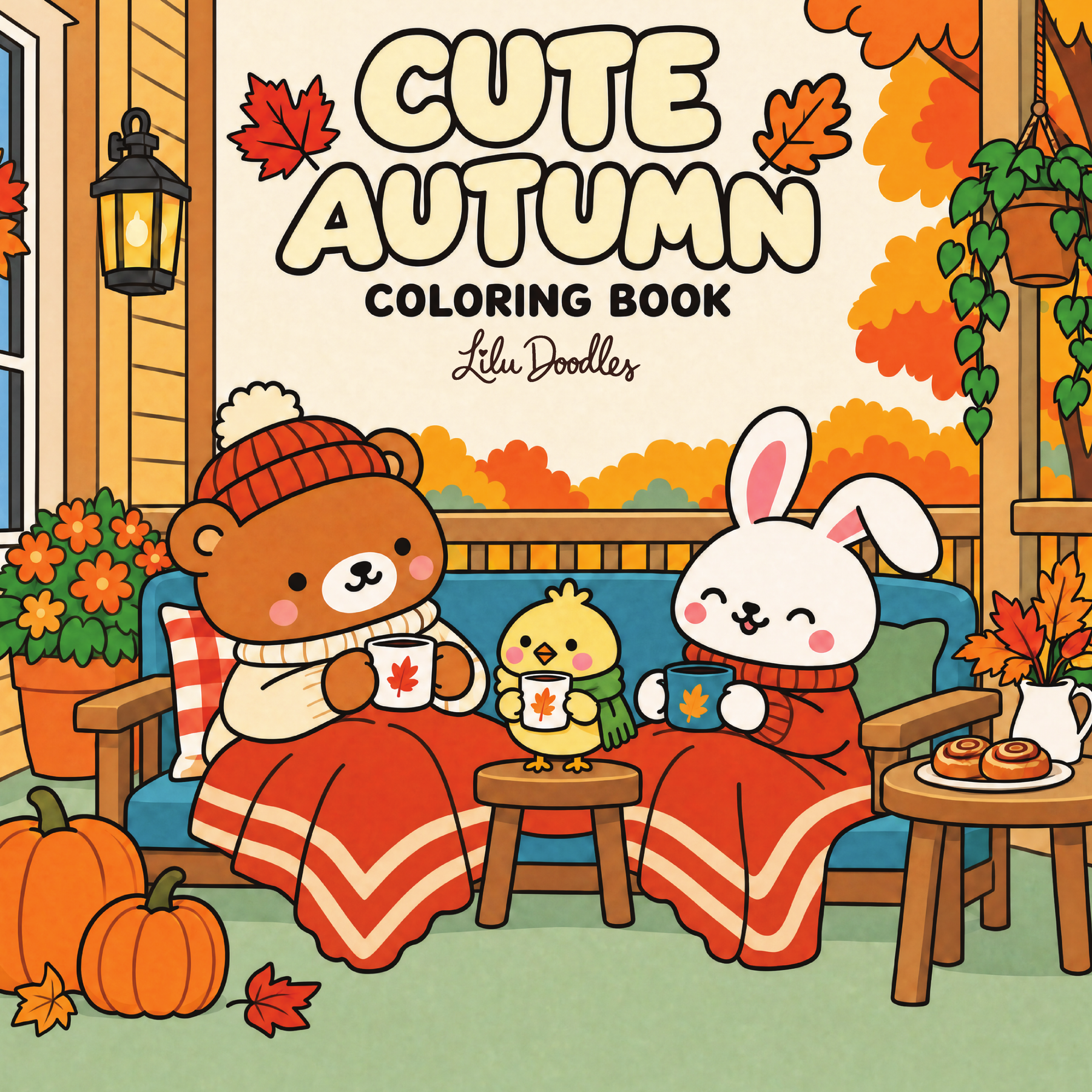 Cute Autumn coloring book cover with a bear, bunny and chick sharing warm drinks